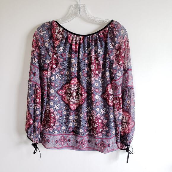 White House Black Market Floral Velvet Trim Boho Top - Picture 4 of 5